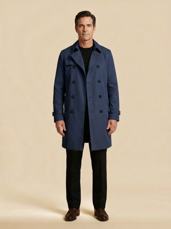 Ellington double breasted trench coat in Navy, studio, Gentlemens Manor