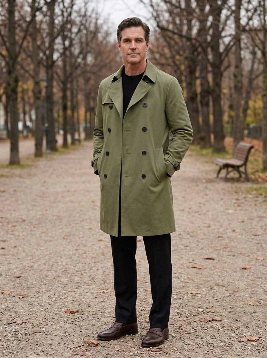 Ellington double breasted trench coat in Olive, lifestyle on a park path, Gentlemens Manor