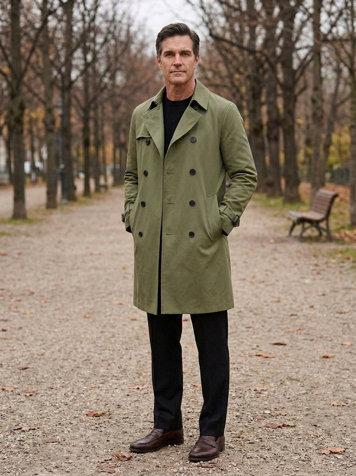 Ellington double breasted trench coat in Olive, lifestyle on a park path, Gentlemens Manor