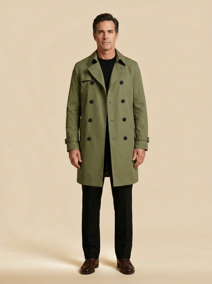 Ellington double breasted trench coat in Olive, studio, Gentlemens Manor