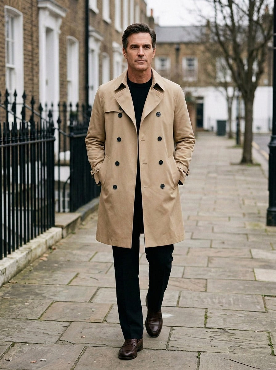 Ellington double breasted trench coat in Sand, lifestyle on a street of brick row houses, Gentlemens Manor