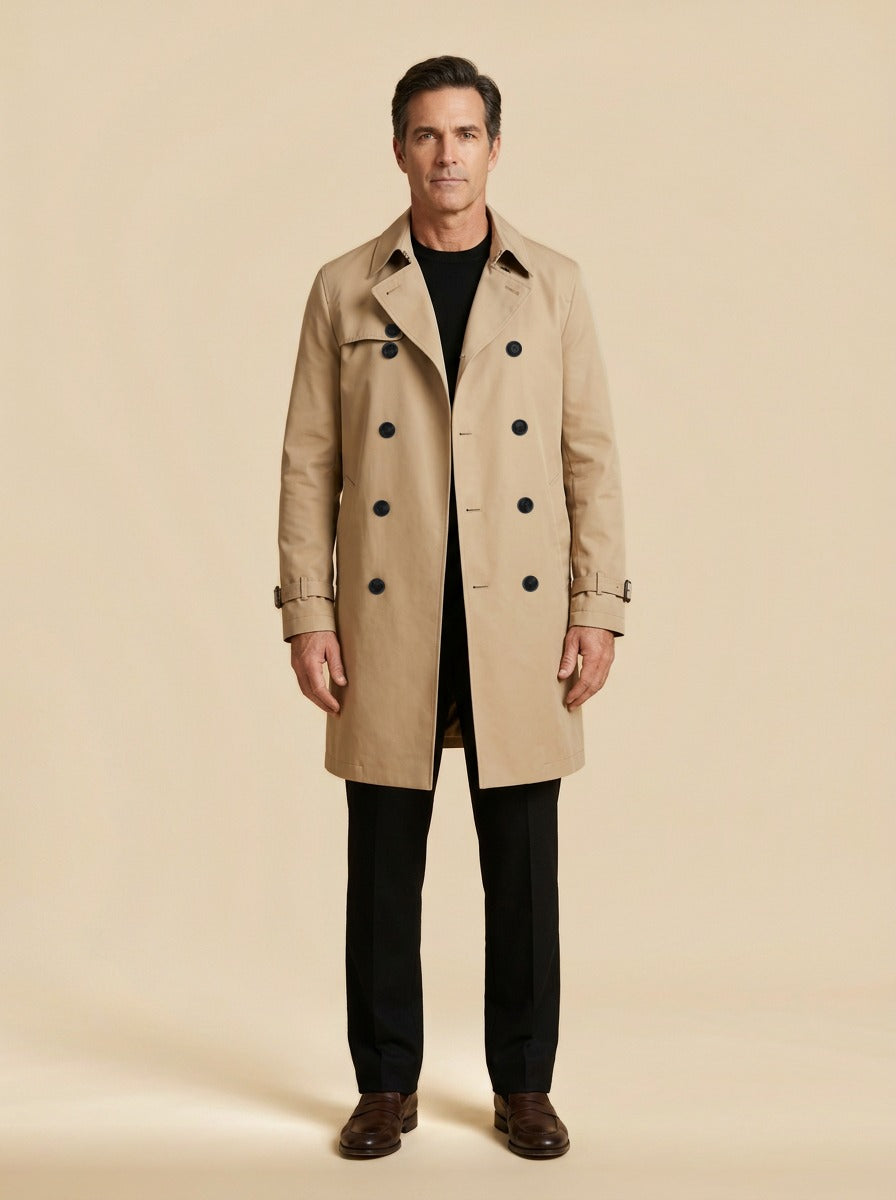 Ellington double breasted trench coat in Sand, studio, Gentlemens Manor