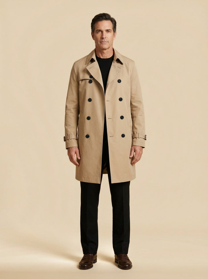 Ellington double breasted trench coat in Sand, studio, Gentlemens Manor