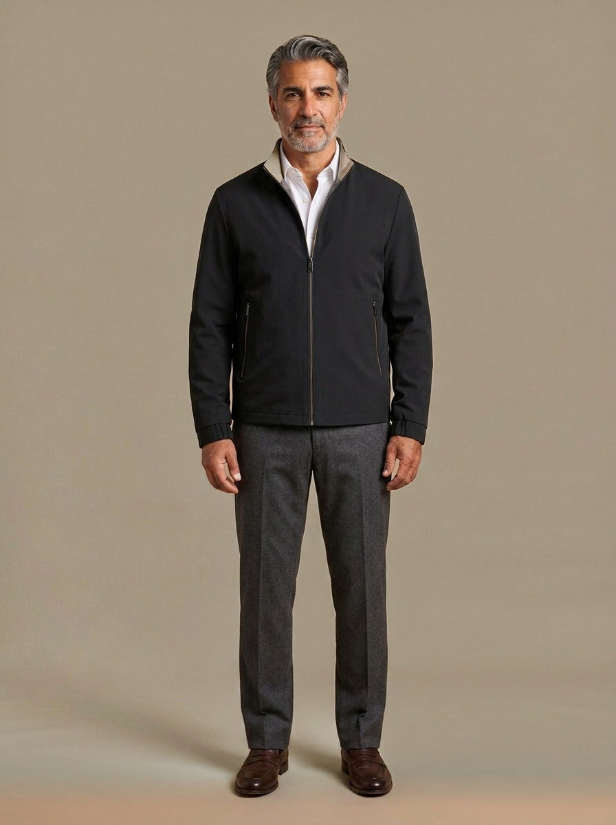 Elliot lightweight stand collar jacket in Black, studio, Gentlemens Manor