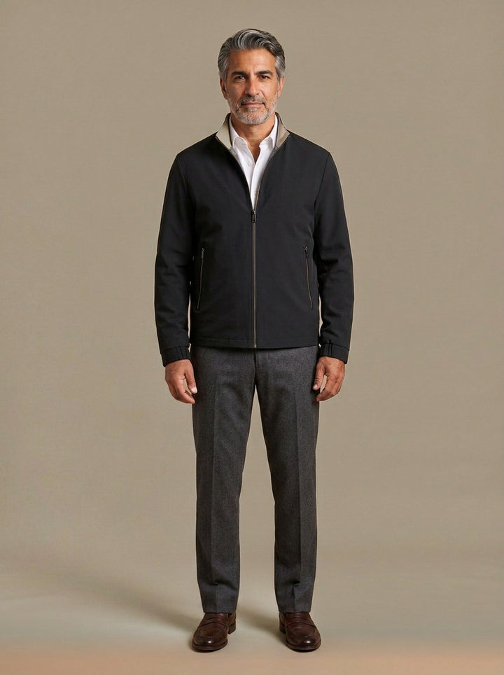 Elliot lightweight stand collar jacket in Black, studio, Gentlemens Manor