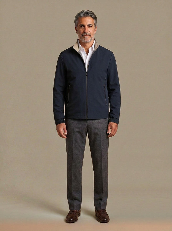 Elliot lightweight stand collar jacket in Navy, studio, Gentlemens Manor