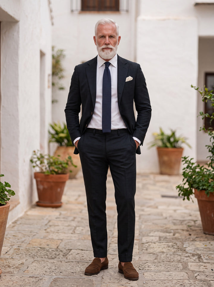 Elliott Men two-piece suit in black, worn by a model in a Mediterranean setting - Gentlemens Manor lifestyle