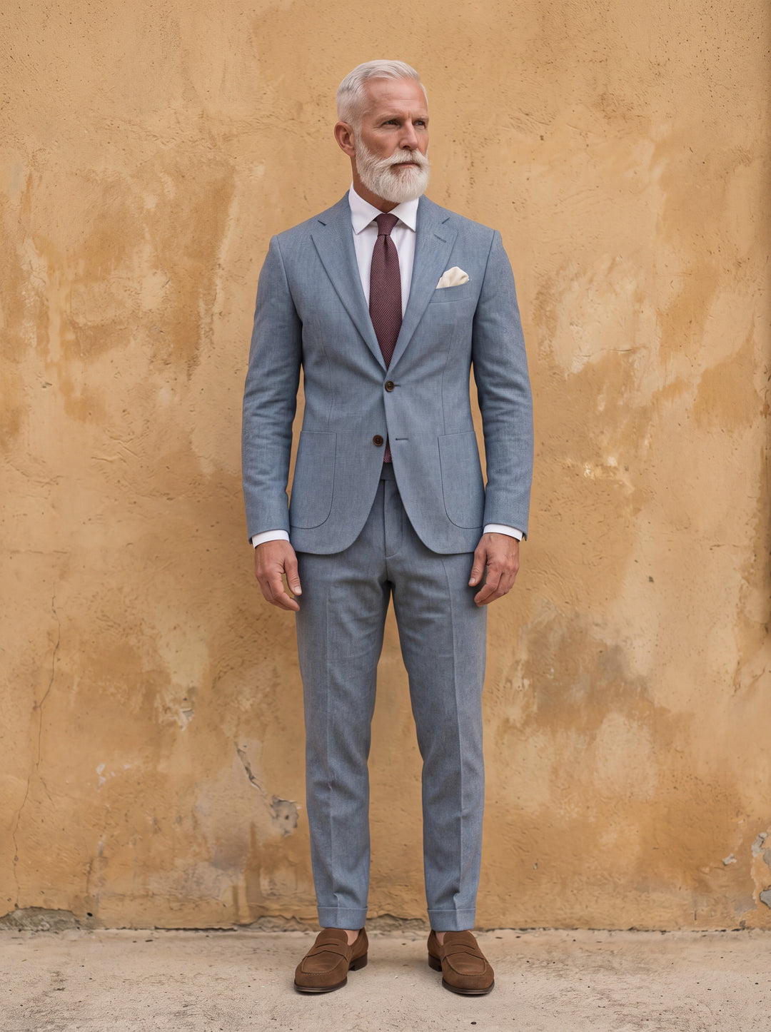 Elliott Men two-piece suit in light blue, worn by a model in a Mediterranean setting - Gentlemens Manor lifestyle