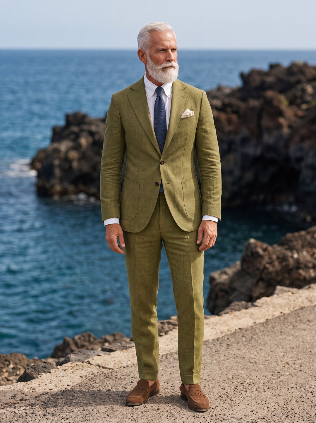 Elliott Men two-piece suit in olive, worn by a model in a Mediterranean setting - Gentlemens Manor lifestyle
