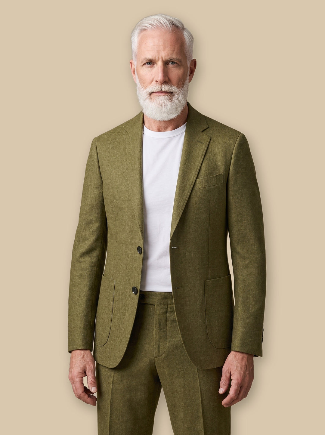 Elliott two piece set in Olive, worn by a model on a warm sand studio background - Gentlemens Manor