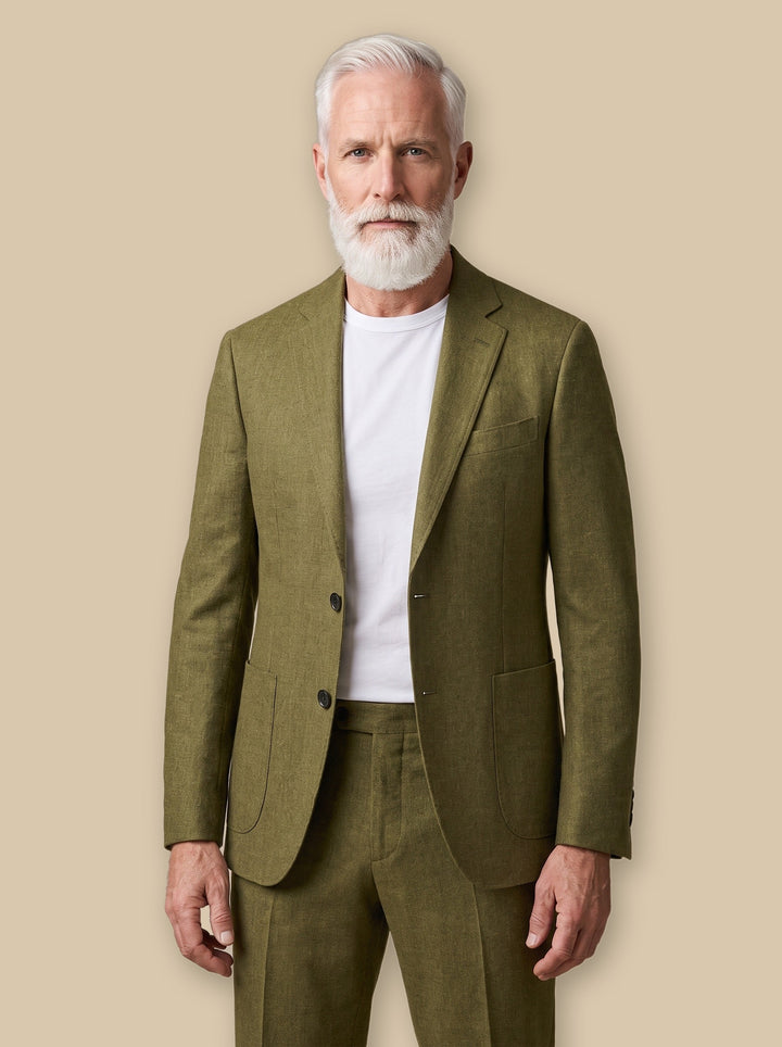 Elliott two piece set in Olive, worn by a model on a warm sand studio background - Gentlemens Manor