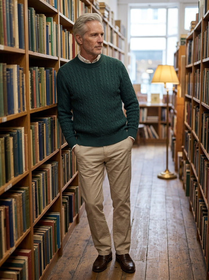 Ellison cable knit sweater in Green, lifestyle in a secondhand bookshop, Gentlemens Manor
