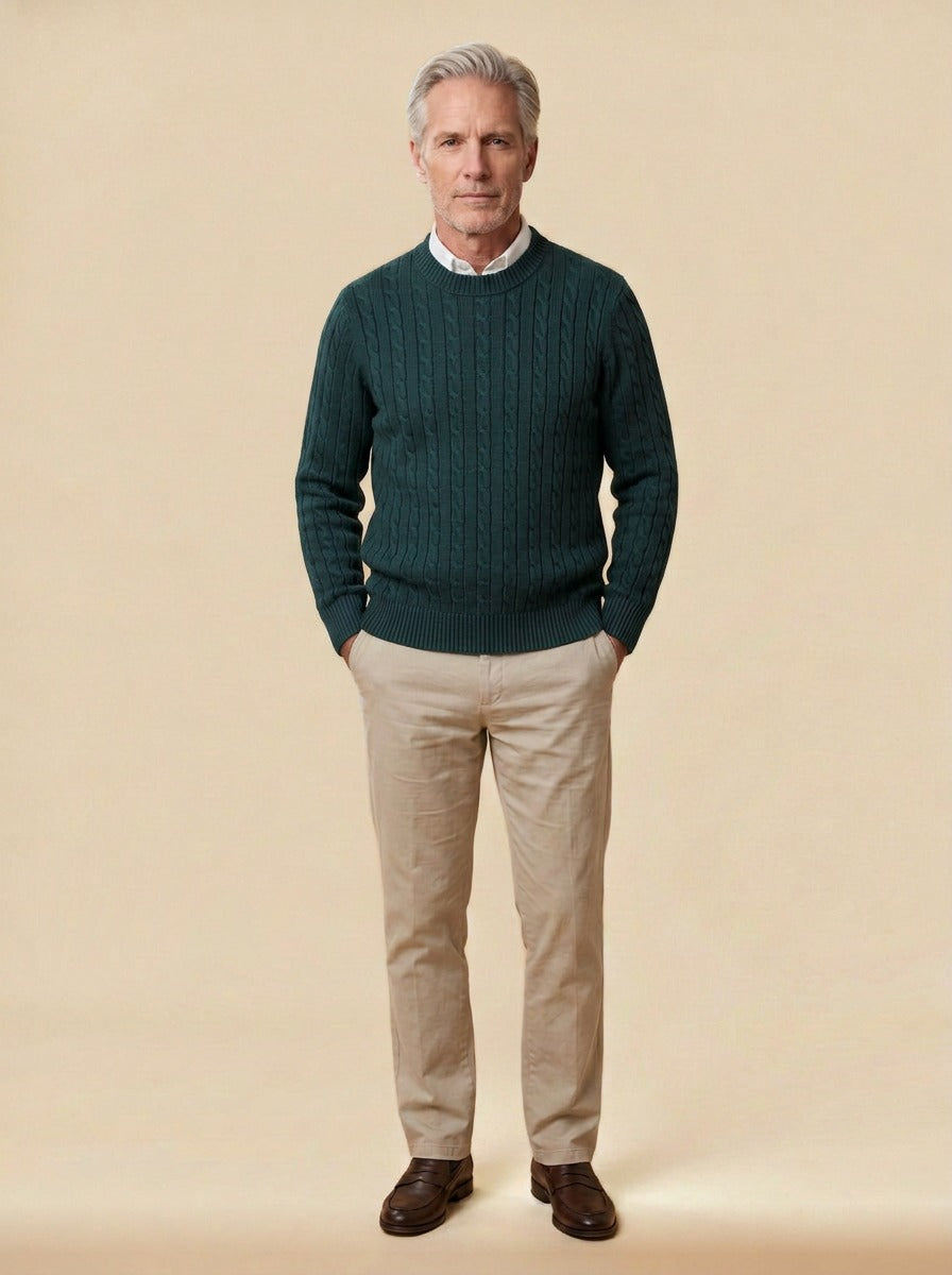Ellison cable knit sweater in Green, studio, Gentlemens Manor
