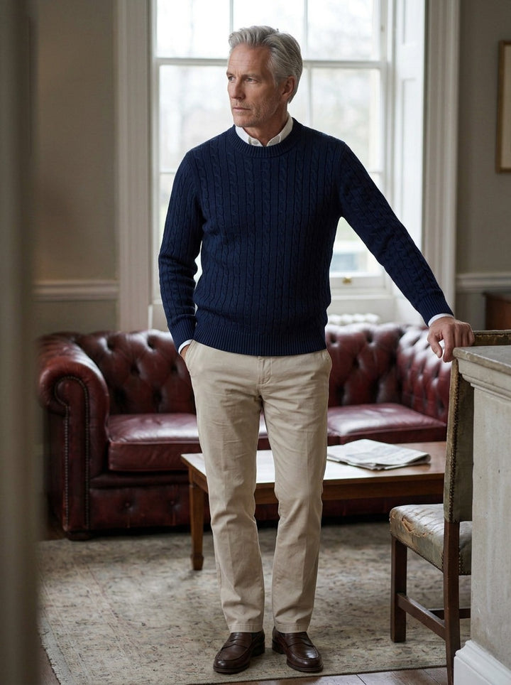 Ellison cable knit sweater in Navy, lifestyle in a club reading room, Gentlemens Manor
