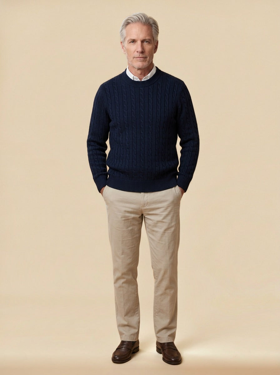 Ellison cable knit sweater in Navy, studio, Gentlemens Manor