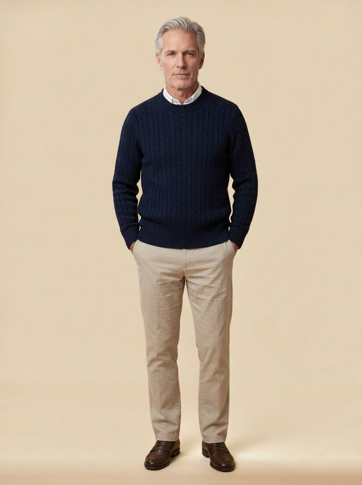 Ellison cable knit sweater in Navy, studio, Gentlemens Manor