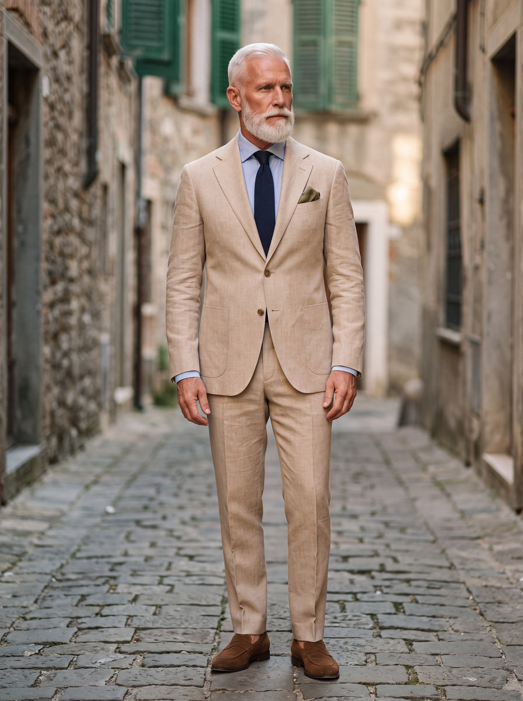 Ellsworth Men two-piece suit in beige, worn by a model in a Mediterranean setting - Gentlemens Manor lifestyle