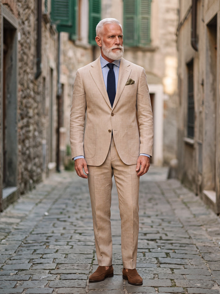 Ellsworth Men two-piece suit in beige, worn by a model in a Mediterranean setting - Gentlemens Manor lifestyle