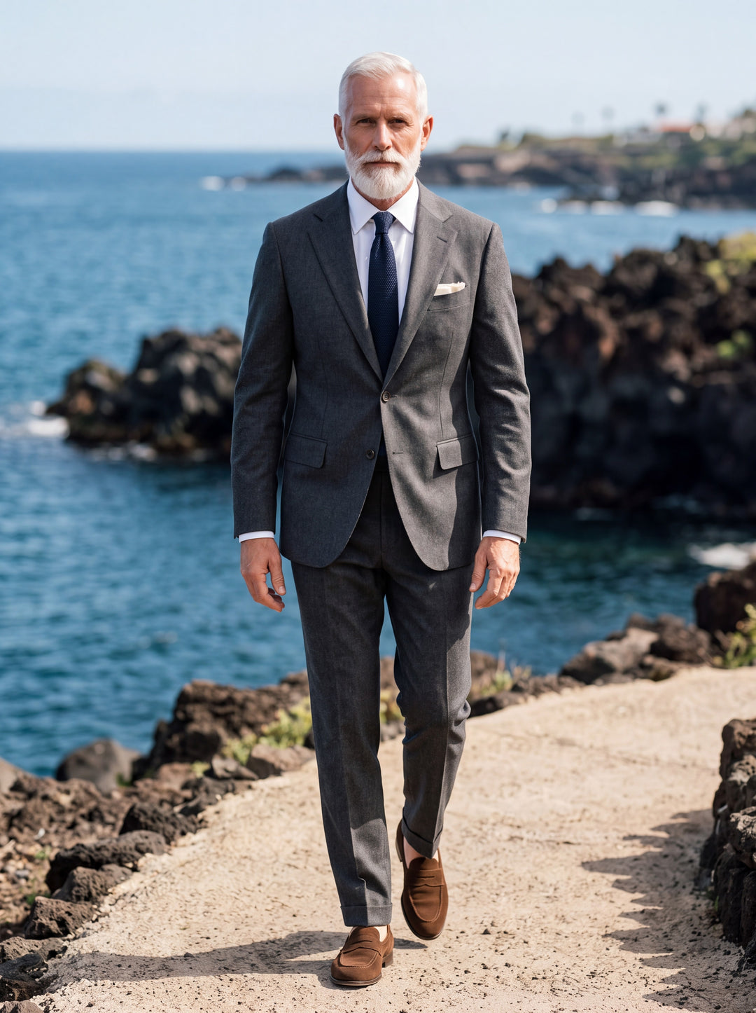 Ellsworth Men two-piece suit in charcoal, worn by a model in a Mediterranean setting - Gentlemens Manor lifestyle