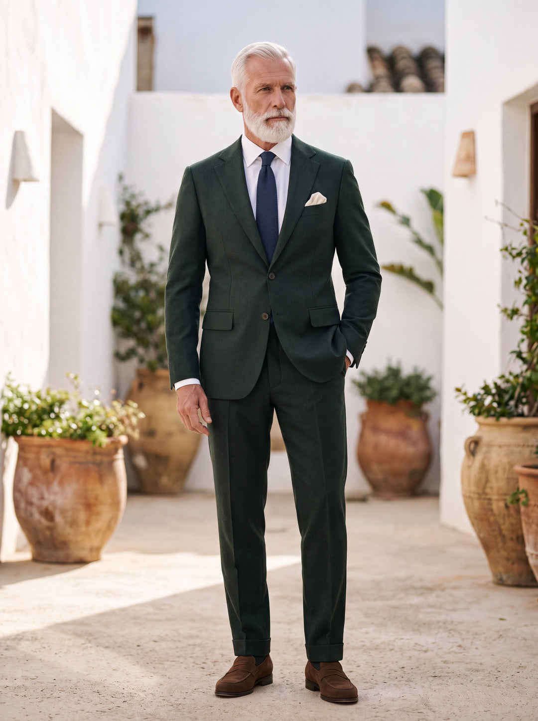 Ellsworth Men two-piece suit in green, worn by a model in a Mediterranean setting - Gentlemens Manor lifestyle
