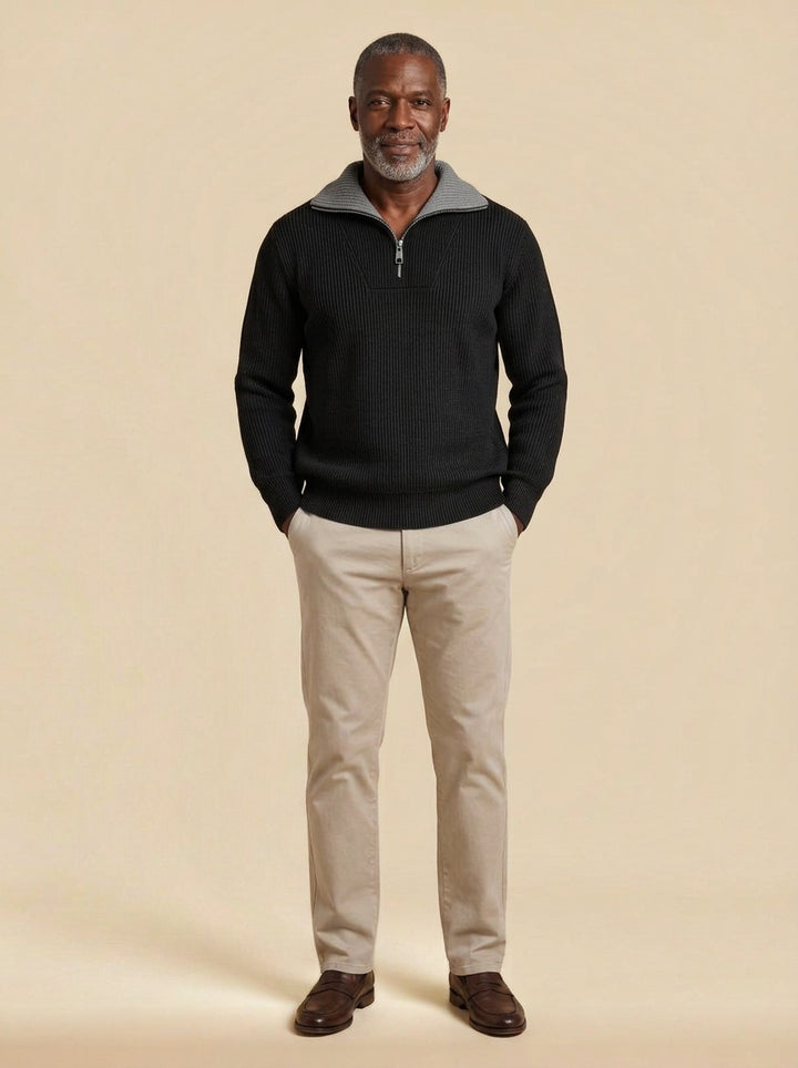 Elmhurst quarter zip sweater in Black, studio, Gentlemens Manor