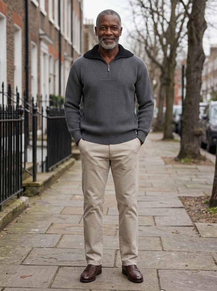 Elmhurst quarter zip sweater in Grey, lifestyle on a street of brick row houses, Gentlemens Manor