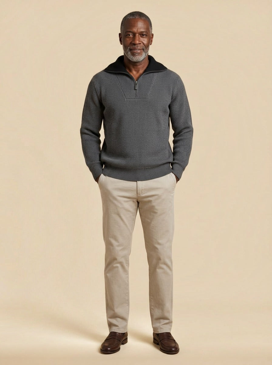 Elmhurst quarter zip sweater in Grey, studio, Gentlemens Manor
