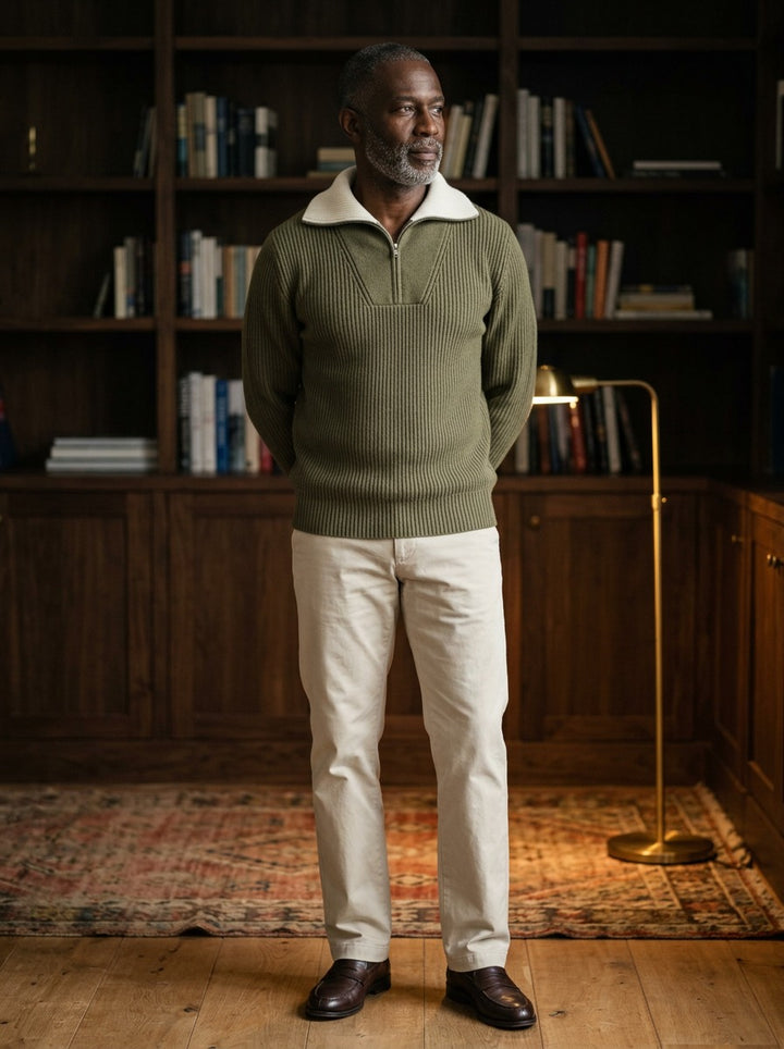Elmhurst quarter zip sweater in Olive, lifestyle in a private study, Gentlemens Manor