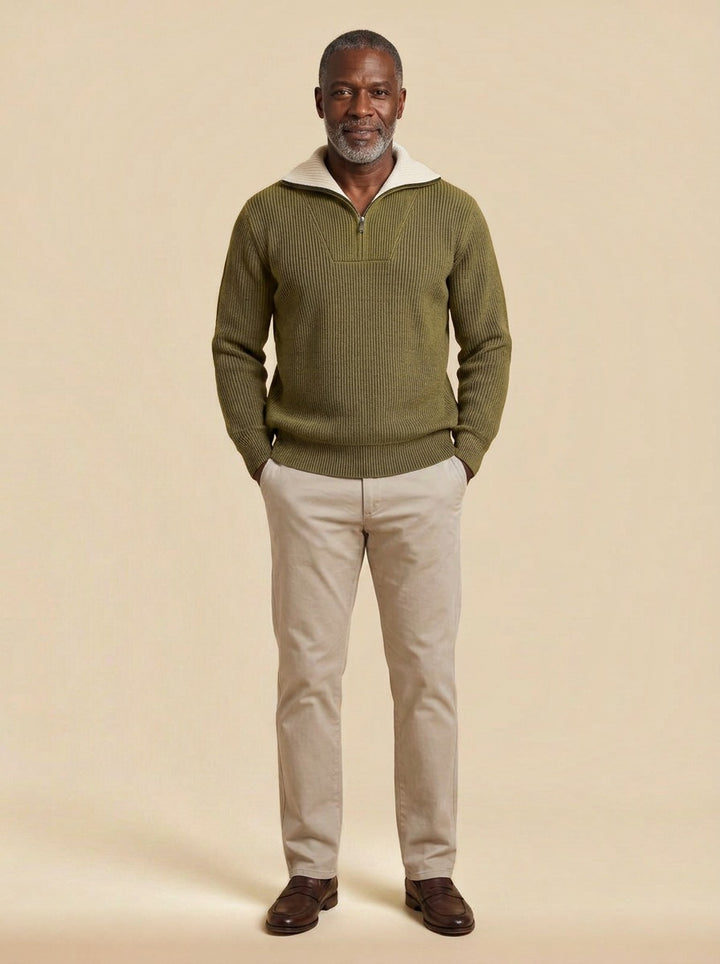 Elmhurst quarter zip sweater in Olive, studio, Gentlemens Manor