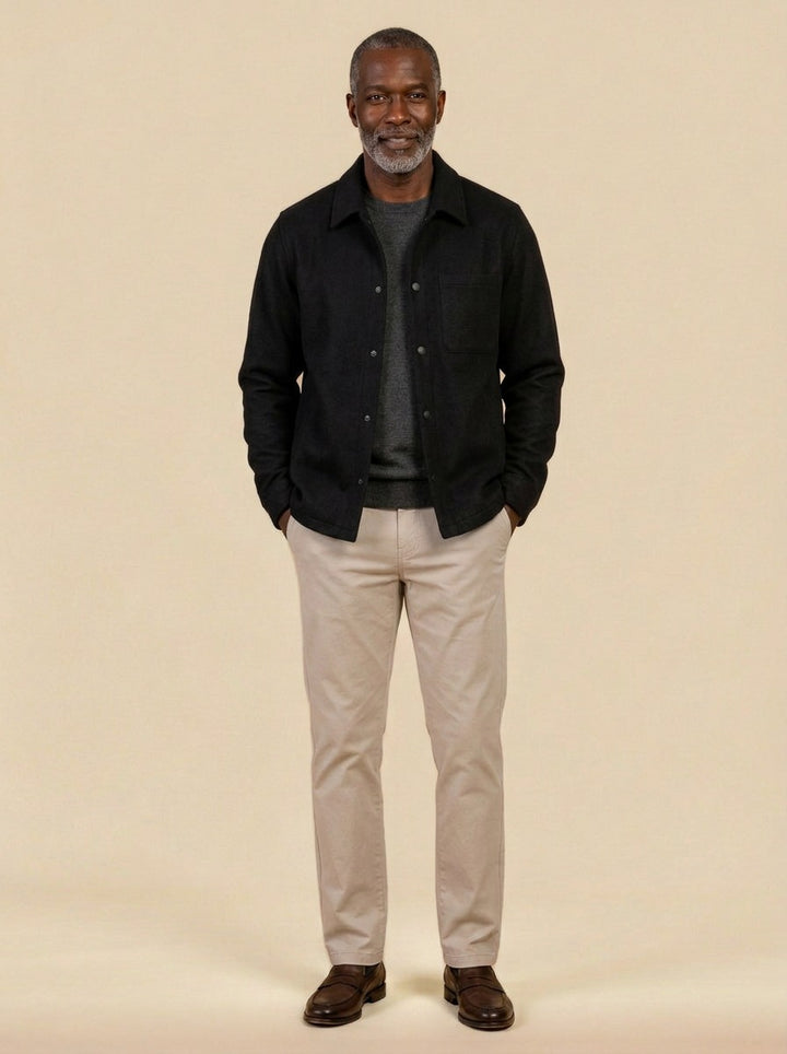 Elmore brushed snap front overshirt in Black, studio, Gentlemens Manor