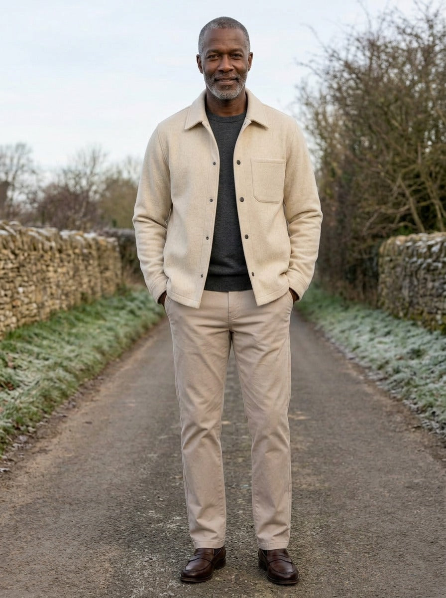 Elmore brushed snap front overshirt in Cream, lifestyle on a country lane, Gentlemens Manor