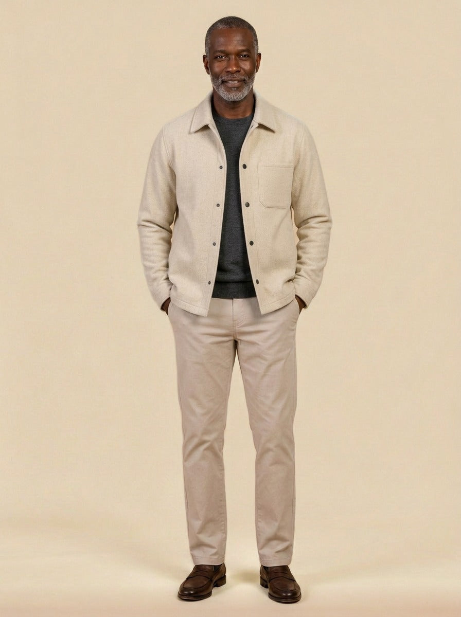 Elmore brushed snap front overshirt in Cream, studio, Gentlemens Manor