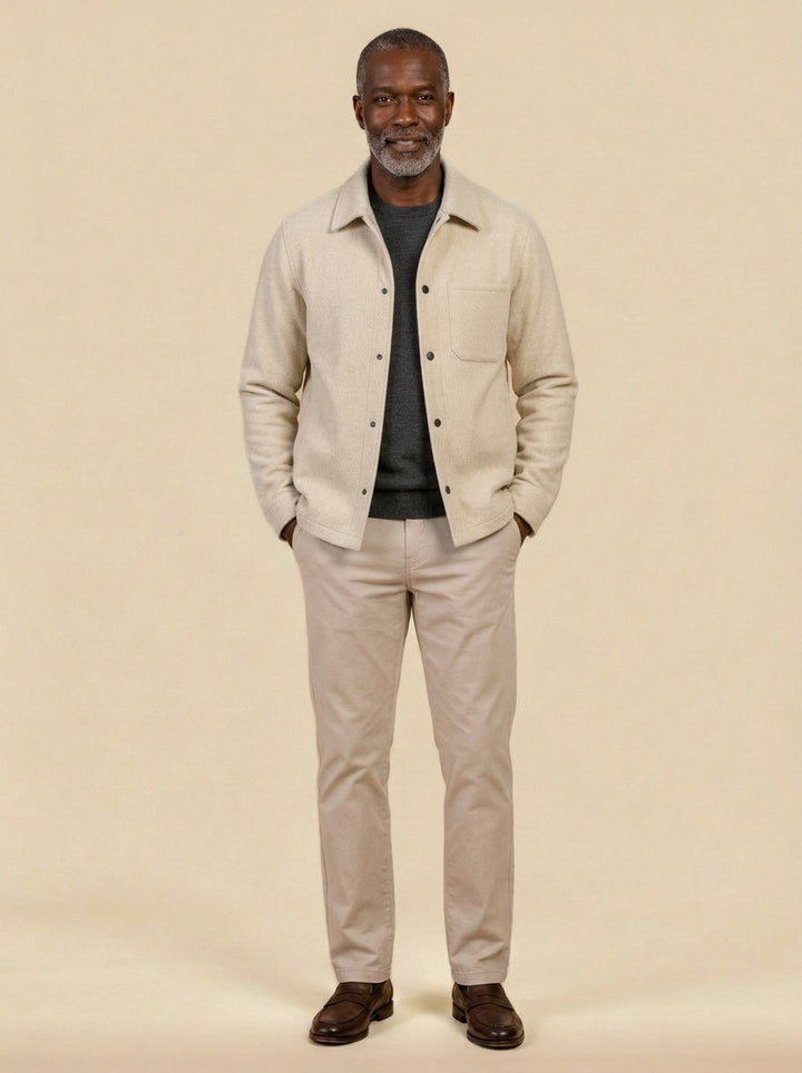 Elmore brushed snap front overshirt in Cream, studio, Gentlemens Manor