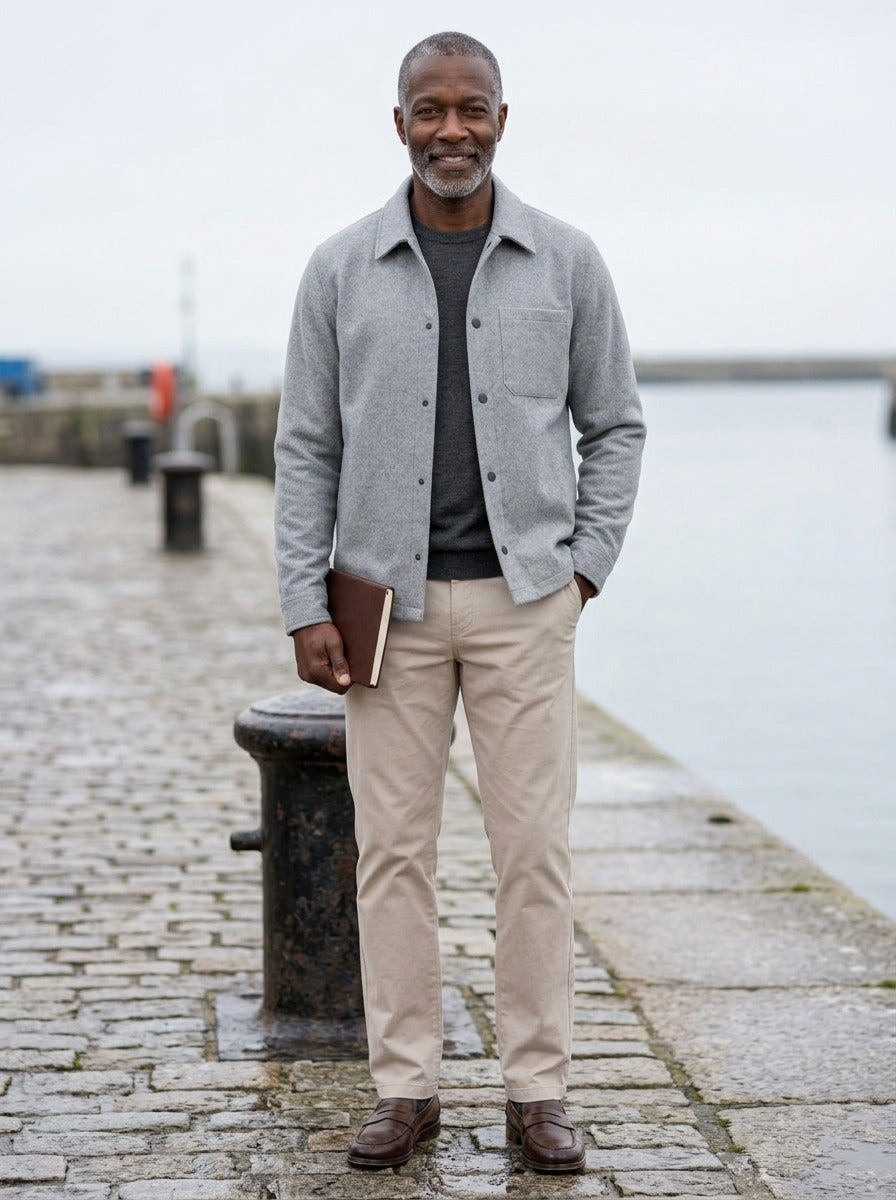 Elmore brushed snap front overshirt in Light Grey, lifestyle on a stone harbor quay, Gentlemens Manor
