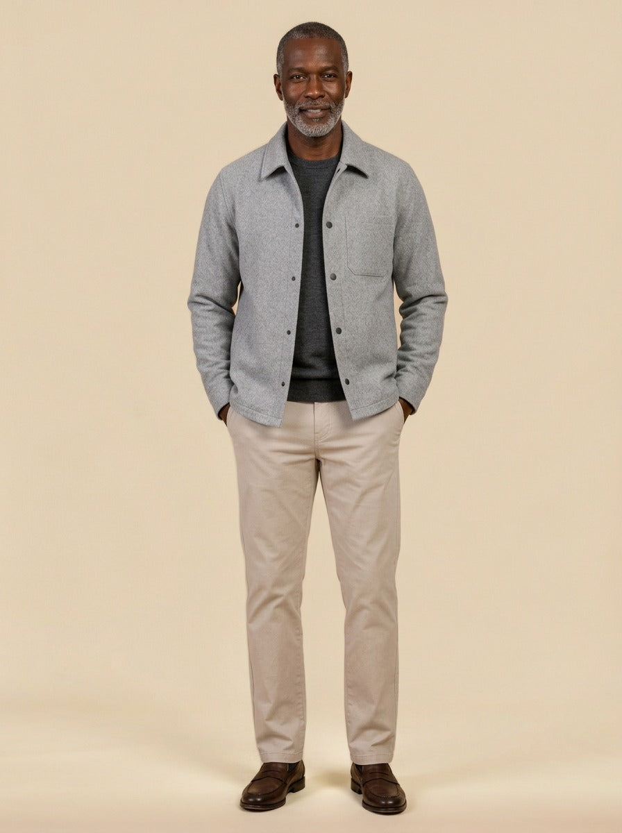 Elmore brushed snap front overshirt in Light Grey, studio, Gentlemens Manor
