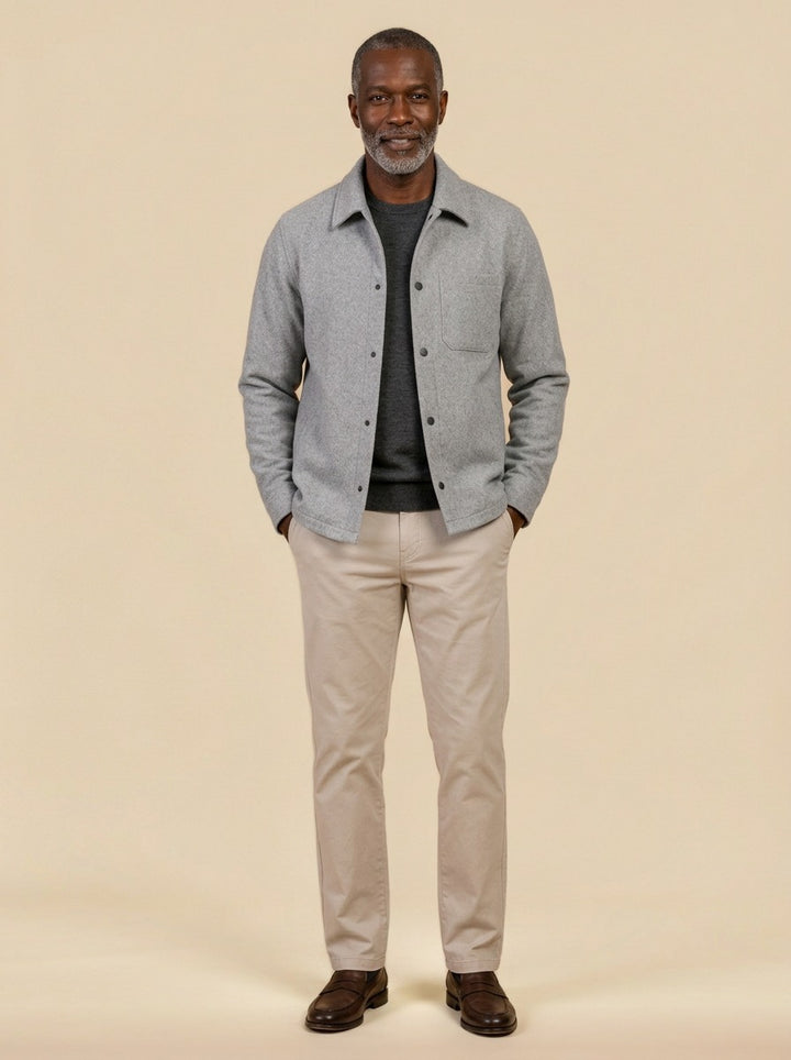 Elmore brushed snap front overshirt in Light Grey, studio, Gentlemens Manor