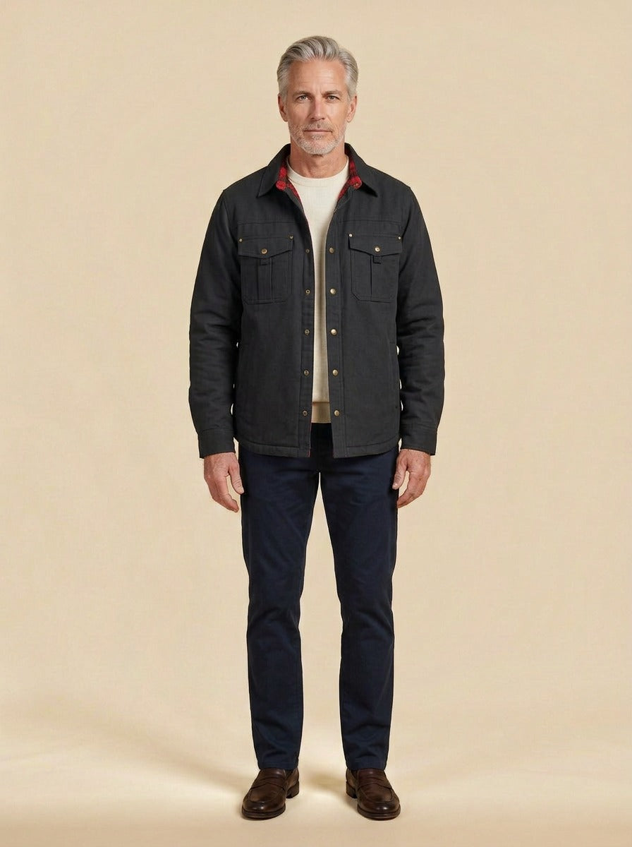 Elmwood flannel lined shirt jacket in Black, studio, Gentlemens Manor