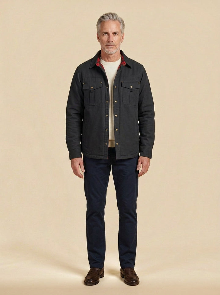 Elmwood flannel lined shirt jacket in Black, studio, Gentlemens Manor
