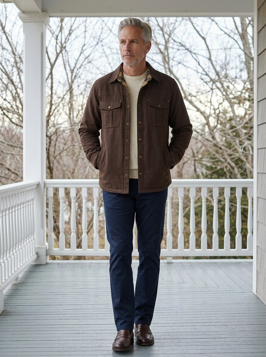 Elmwood flannel lined shirt jacket in Brown, lifestyle on a covered porch, Gentlemens Manor