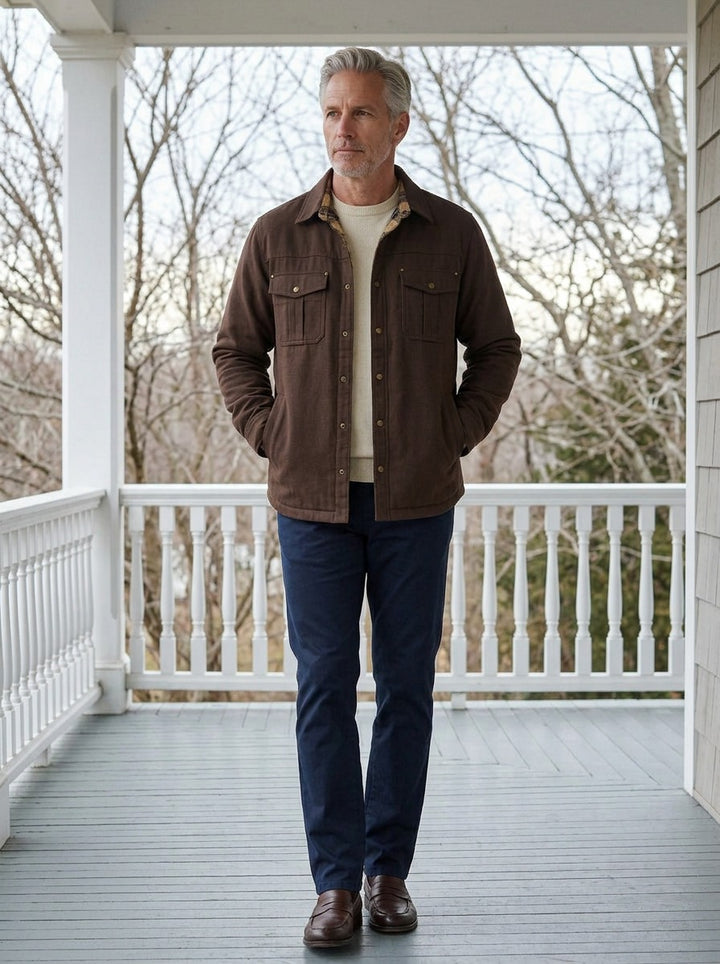 Elmwood flannel lined shirt jacket in Brown, lifestyle on a covered porch, Gentlemens Manor