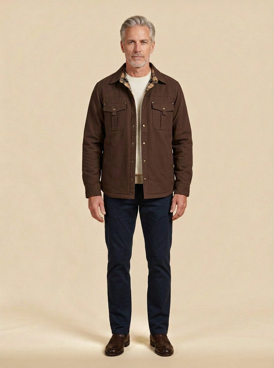 Elmwood flannel lined shirt jacket in Brown, studio, Gentlemens Manor