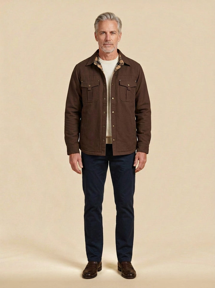Elmwood flannel lined shirt jacket in Brown, studio, Gentlemens Manor