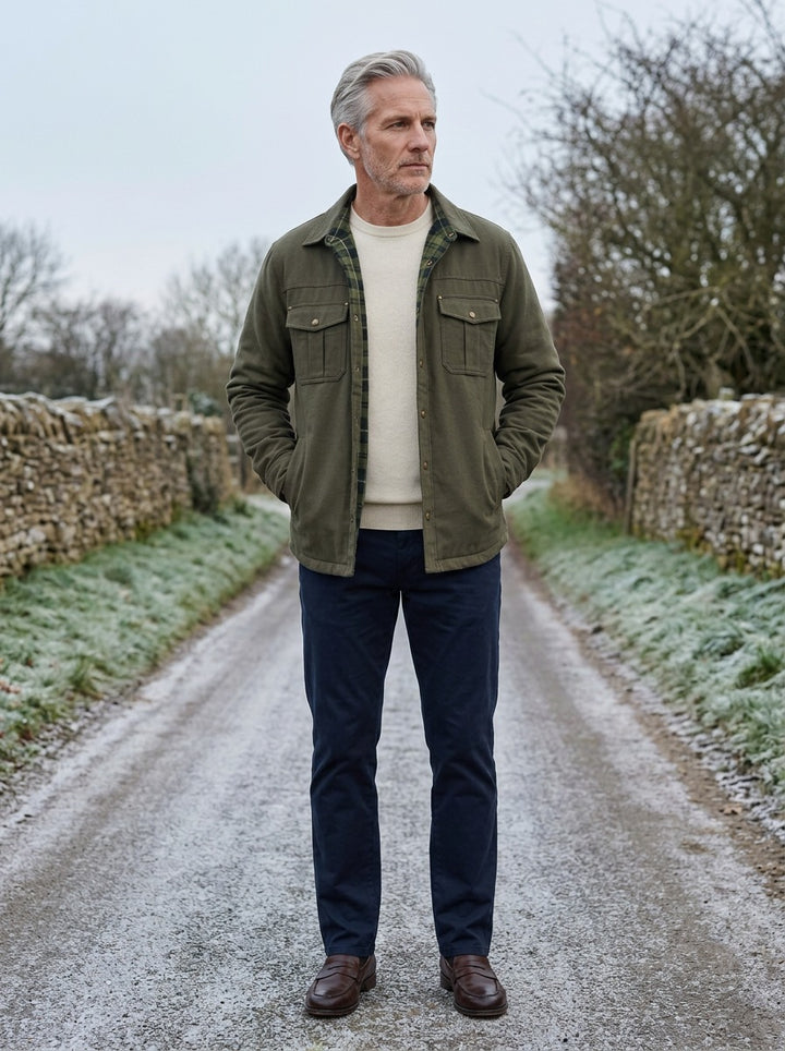 Elmwood flannel lined shirt jacket in Olive, lifestyle on a country lane, Gentlemens Manor