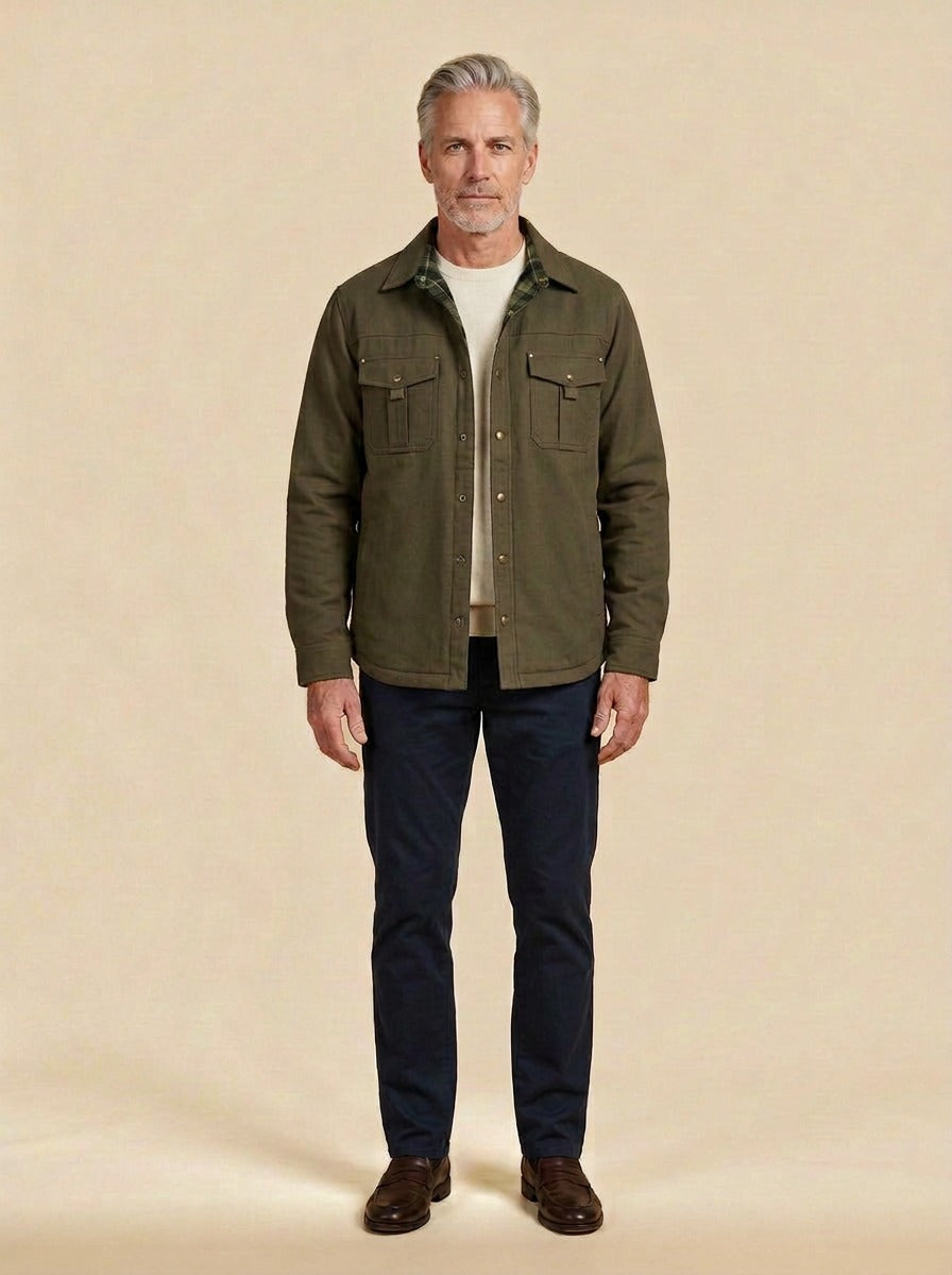 Elmwood flannel lined shirt jacket in Olive, studio, Gentlemens Manor