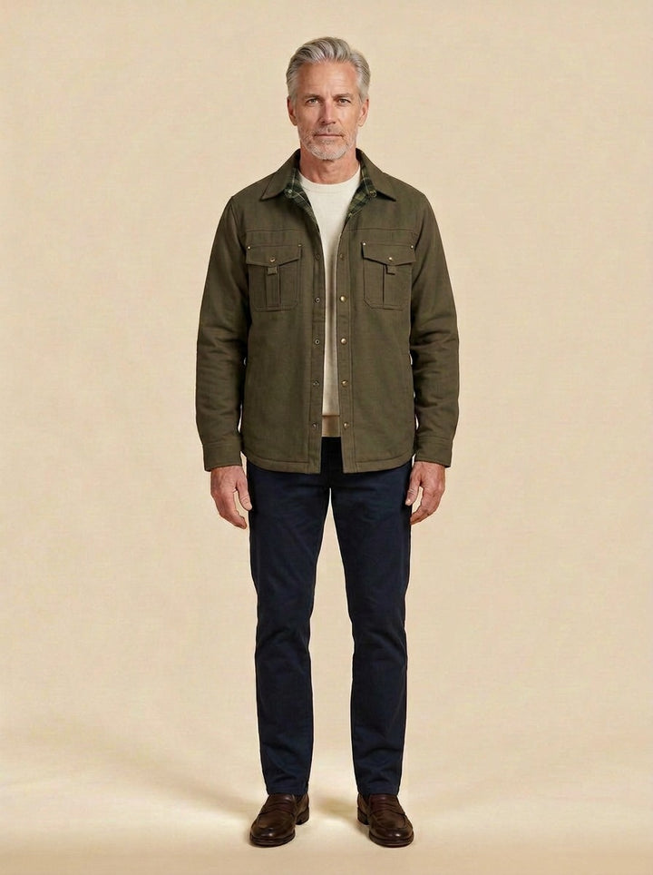 Elmwood flannel lined shirt jacket in Olive, studio, Gentlemens Manor