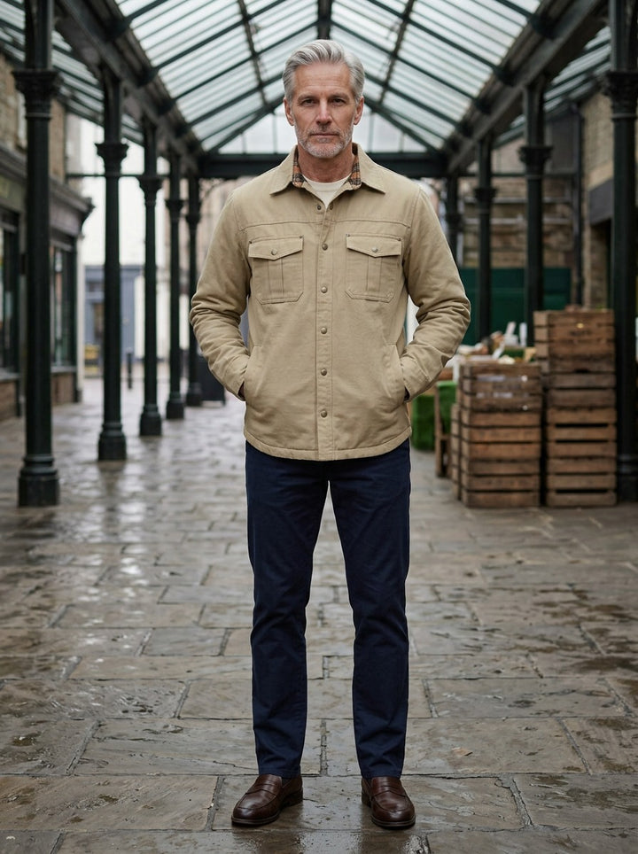 Elmwood flannel lined shirt jacket in Sand, lifestyle in a covered market hall, Gentlemens Manor