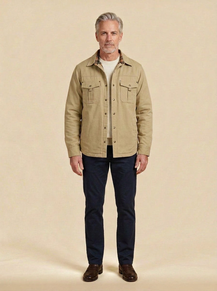 Elmwood flannel lined shirt jacket in Sand, studio, Gentlemens Manor