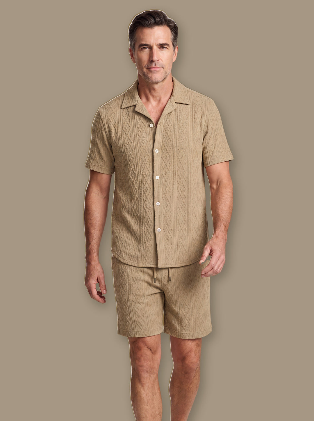 Elton two piece set in Sand, worn by a model on a warm taupe studio background - Gentlemens Manor