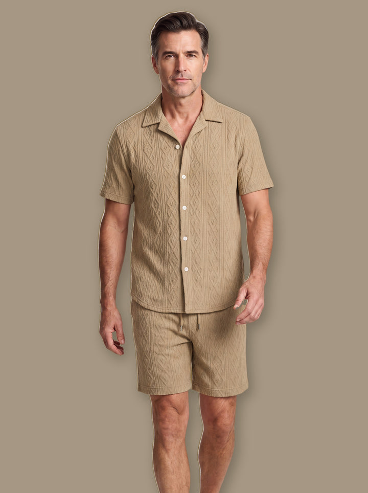 Elton two piece set in Sand, worn by a model on a warm taupe studio background - Gentlemens Manor