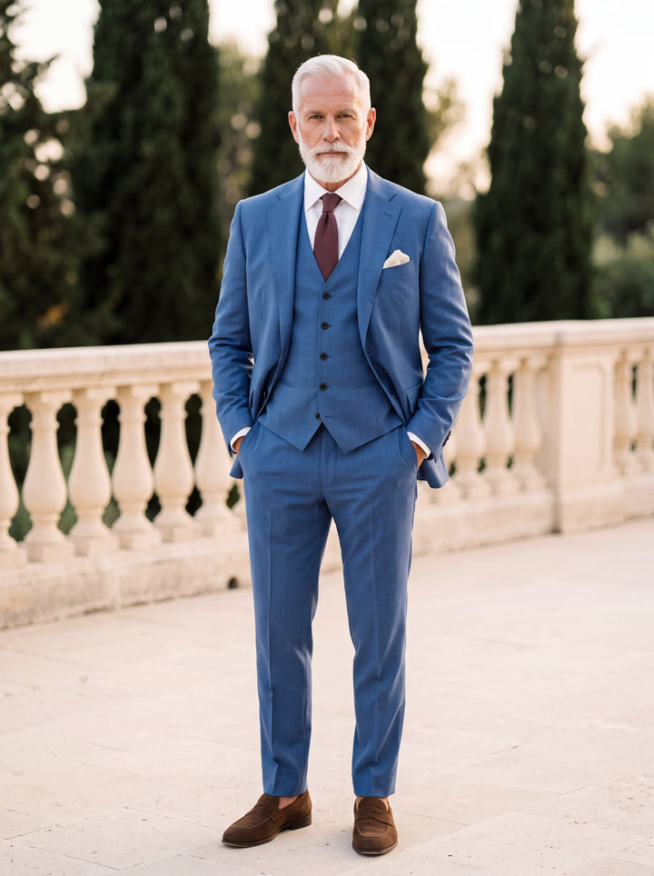 Elwood Men three-piece suit in blue, worn by a model in a Mediterranean setting - Gentlemens Manor lifestyle